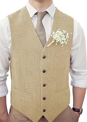 Men's Wool Herringbone Groom Vests Formal Groom's Wear Suit Tweed Vest Skinny Wedding Dress Waistcoat in Kuwait