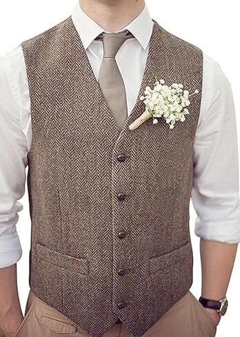 Men's Wool Herringbone Groom Vests Formal Groom's Wear Suit Tweed Vest Skinny Wedding Dress Waistcoat in Kuwait