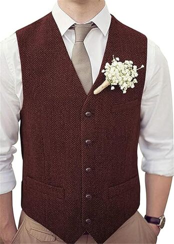 Men's Wool Herringbone Groom Vests Formal Groom's Wear Suit Tweed Vest Skinny Wedding Dress Waistcoat in Kuwait