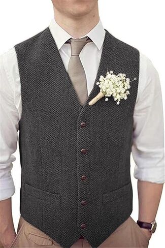 Men's Wool Herringbone Groom Vests Formal Groom's Wear Suit Tweed Vest Skinny Wedding Dress Waistcoat in Kuwait
