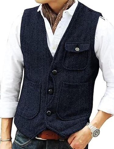 Yarizm Men's V-Neck Herringbone Tweed Vest For Retro Vintage Wedding Travel Waistcoat Workwear Groomsman Meeting in Saudi Arabia