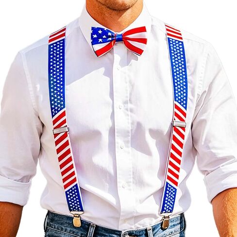 Zoestar 4th of July Suspenders Bow Tie Set Patriotic Suspender and Bowties Independence Day Costume Accessories for Men and Women in Kuwait