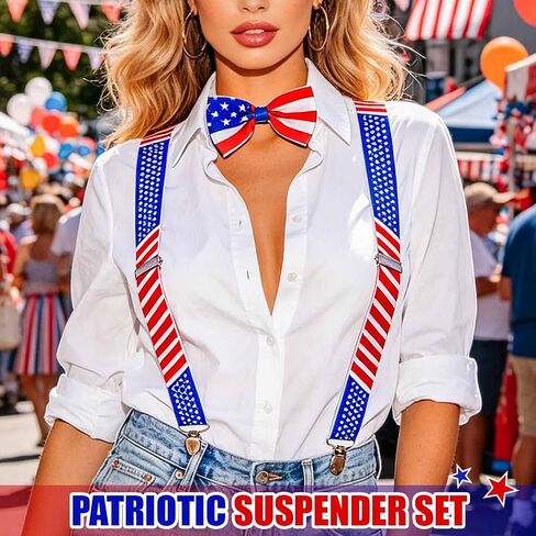 Zoestar 4th of July Suspenders Bow Tie Set Patriotic Suspender and Bowties Independence Day Costume Accessories for Men and Women in Kuwait