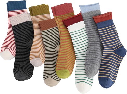 8 Pairs Retro Striped Socks for Women - Colorful Striped Crew Sock, Vintage Fashion Cute Aesthetic Ankle Socks, Soft Cotton Fun Casual Everyday Sock for Women Girls in Kuwait