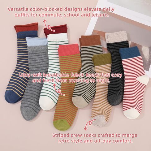 8 Pairs Retro Striped Socks for Women - Colorful Striped Crew Sock, Vintage Fashion Cute Aesthetic Ankle Socks, Soft Cotton Fun Casual Everyday Sock for Women Girls in Kuwait