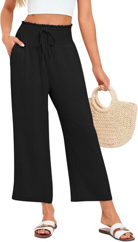Wide Leg Palazzo Pants Woman Casual Smocked High Waisted Flowy Crop Summer Beach Vacation Trousers with Pockets in Saudi Arabia