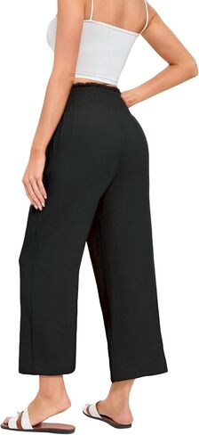 Wide Leg Palazzo Pants Woman Casual Smocked High Waisted Flowy Crop Summer Beach Vacation Trousers with Pockets in Saudi Arabia