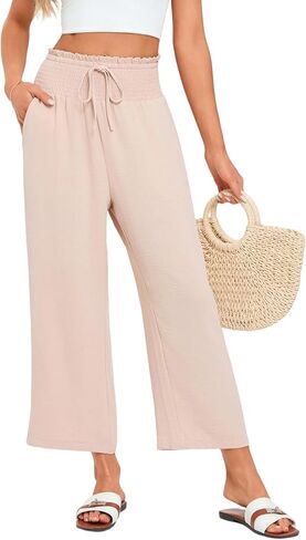 Wide Leg Palazzo Pants Woman Casual Smocked High Waisted Flowy Crop Summer Beach Vacation Trousers with Pockets in Saudi Arabia