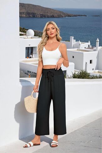 Wide Leg Palazzo Pants Woman Casual Smocked High Waisted Flowy Crop Summer Beach Vacation Trousers with Pockets in Saudi Arabia