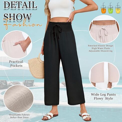 Wide Leg Palazzo Pants Woman Casual Smocked High Waisted Flowy Crop Summer Beach Vacation Trousers with Pockets in Saudi Arabia