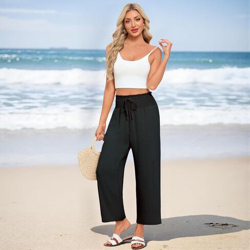 Wide Leg Palazzo Pants Woman Casual Smocked High Waisted Flowy Crop Summer Beach Vacation Trousers with Pockets in Saudi Arabia