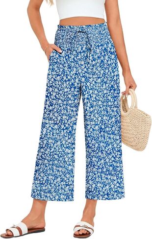 Wide Leg Palazzo Pants Woman Casual Smocked High Waisted Flowy Crop Summer Beach Vacation Trousers with Pockets in Saudi Arabia