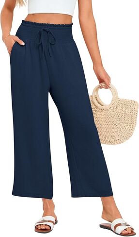 Wide Leg Palazzo Pants Woman Casual Smocked High Waisted Flowy Crop Summer Beach Vacation Trousers with Pockets in Saudi Arabia