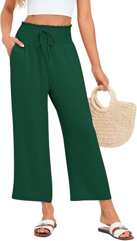 Wide Leg Palazzo Pants Woman Casual Smocked High Waisted Flowy Crop Summer Beach Vacation Trousers with Pockets in Saudi Arabia