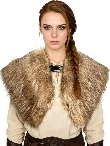 Viking Fur Shawl with Leather Buckle Medieval Faux Fur Mantle Shoulder Wrap for Women Men Barbarian Costume in Kuwait