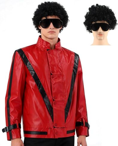 Men Dance Star Costume Jacket Red and Black King of Pop Retro 1980s Halloween Costumes PU Coat with Eyeglasses Wigs in Kuwait