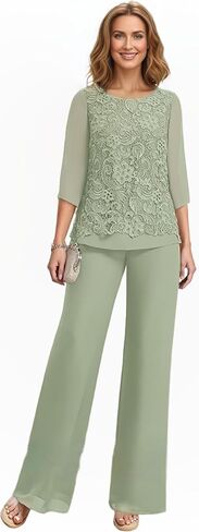 2 Pieces Mother of The Bride Pant Suits Chiffon Lace Appliques Scoop Neck Formal Wedding Guest Pantsuits WT034 in Kuwait