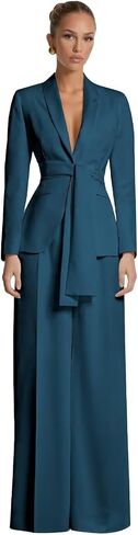 2 Pieces Women's Pant Suits Long Sleeve Satin Wedding Formal Outfit with Pockets Belt in Kuwait