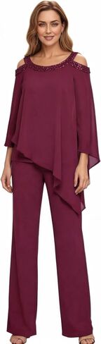 2 Piece Chiffon Mother of The Bride Pant Suits for Women Cold Shoulder Dressy Wedding Guest Outfit WT042 in Kuwait