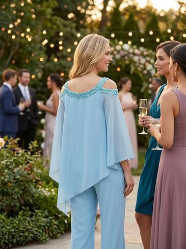 2 Piece Chiffon Mother of The Bride Pant Suits for Women Cold Shoulder Dressy Wedding Guest Outfit WT042 in Kuwait