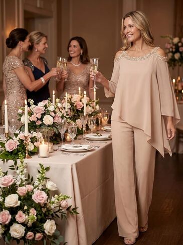 2 Piece Chiffon Mother of The Bride Pant Suits for Women Cold Shoulder Dressy Wedding Guest Outfit WT042 in Kuwait