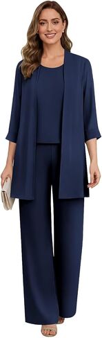 Mother of The Bride Pant Suits for Women with Jacket 3/4 Sleeve Chiffon Dressy Formal Wedding Pantsuit in Saudi Arabia