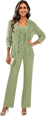 Lace Chiffon Mother of The Bride Pant Suits for Wedding Guest Outfit 3 Piece Formal Cocktail Pantsuit for Women Evening Party in Saudi Arabia