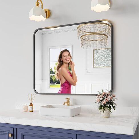 Koonmi Bathroom Mirror, 30X36 Inch Black Metal Framed Mirror for Bathroom, Tempered Glass, Anti-Rust, Rounded Rectangle Mirror for Restroom, Bedroom, Black in Kuwait