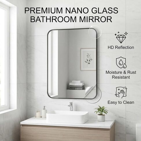 Koonmi Bathroom Mirror, 30X36 Inch Black Metal Framed Mirror for Bathroom, Tempered Glass, Anti-Rust, Rounded Rectangle Mirror for Restroom, Bedroom, Black in Kuwait