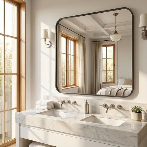 Koonmi Bathroom Mirror, 30X36 Inch Black Metal Framed Mirror for Bathroom, Tempered Glass, Anti-Rust, Rounded Rectangle Mirror for Restroom, Bedroom, Black in Kuwait