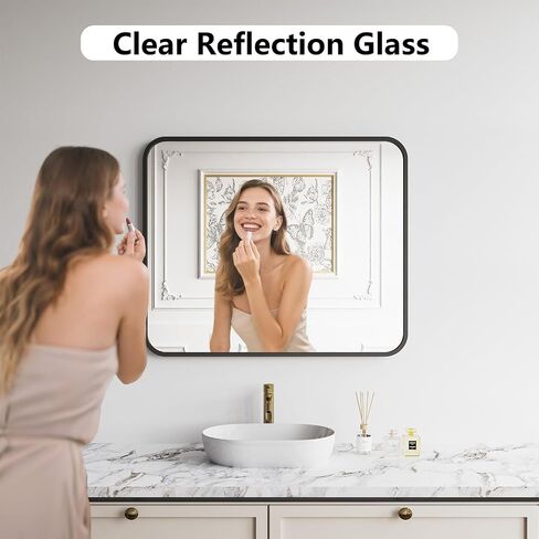 Koonmi Bathroom Mirror, 30X36 Inch Black Metal Framed Mirror for Bathroom, Tempered Glass, Anti-Rust, Rounded Rectangle Mirror for Restroom, Bedroom, Black in Kuwait