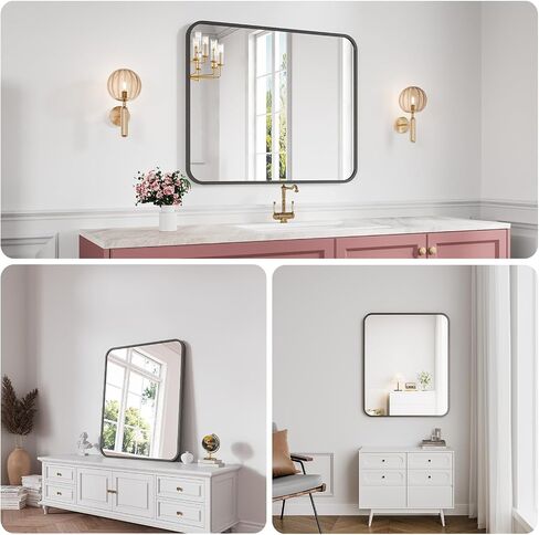 Koonmi Bathroom Mirror, 30X36 Inch Black Metal Framed Mirror for Bathroom, Tempered Glass, Anti-Rust, Rounded Rectangle Mirror for Restroom, Bedroom, Black in Kuwait