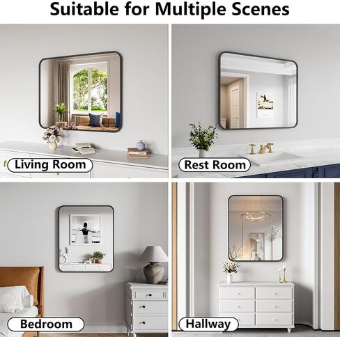 Koonmi Bathroom Mirror, 30X36 Inch Black Metal Framed Mirror for Bathroom, Tempered Glass, Anti-Rust, Rounded Rectangle Mirror for Restroom, Bedroom, Black in Kuwait