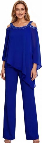2 Piece Chiffon Mother of The Bride Pant Suits for Women Cold Shoulder Dressy Wedding Guest Outfit WT042 in Kuwait