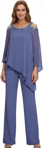 2 Piece Chiffon Mother of The Bride Pant Suits for Women Cold Shoulder Dressy Wedding Guest Outfit WT042 in Kuwait