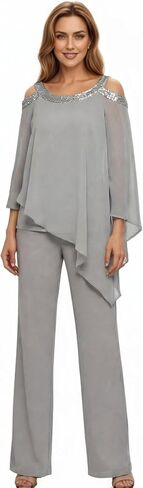 2 Piece Chiffon Mother of The Bride Pant Suits for Women Cold Shoulder Dressy Wedding Guest Outfit WT042 in Kuwait