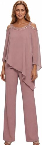 2 Piece Chiffon Mother of The Bride Pant Suits for Women Cold Shoulder Dressy Wedding Guest Outfit WT042 in Kuwait