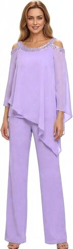 2 Piece Chiffon Mother of The Bride Pant Suits for Women Cold Shoulder Dressy Wedding Guest Outfit WT042 in Kuwait