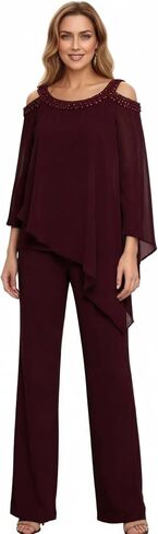 2 Piece Chiffon Mother of The Bride Pant Suits for Women Cold Shoulder Dressy Wedding Guest Outfit WT042 in Kuwait