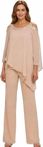 2 Piece Chiffon Mother of The Bride Pant Suits for Women Cold Shoulder Dressy Wedding Guest Outfit WT042 in Kuwait