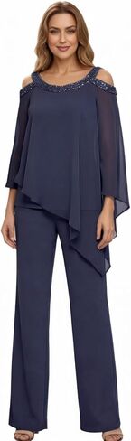 2 Piece Chiffon Mother of The Bride Pant Suits for Women Cold Shoulder Dressy Wedding Guest Outfit WT042 in Kuwait