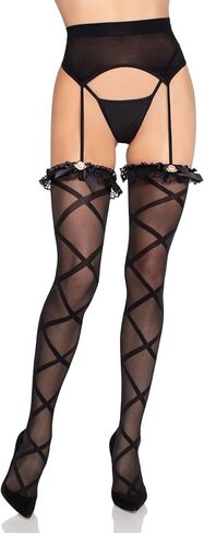 Leg Avenue Women's Sheer Faux Wrap Lace Top Stockings with Attached Garter Belt and Rosette Bow Accent, BLACK, O/S in Kuwait