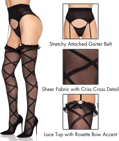 Leg Avenue Women's Sheer Faux Wrap Lace Top Stockings with Attached Garter Belt and Rosette Bow Accent, BLACK, O/S in Kuwait