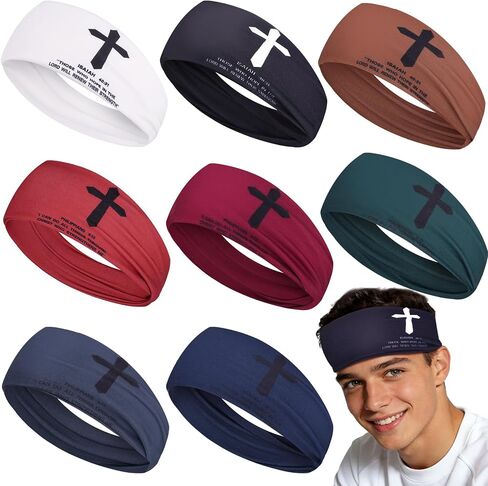 8 Pcs Christian Headbands for Men, Jesus Faith Cross Athletic Sweatbands with Bible Verse Religious Cooling Sports Men Moisture Wicking Head Band for Running Football Basketball Cycling Workout in Saudi Arabia