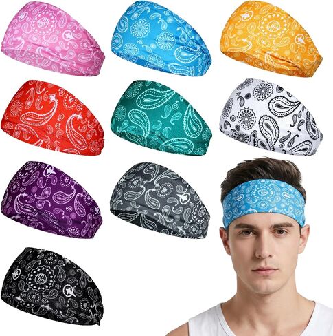 hoyuwak 9PCS Sweatbands Paisley Bandanas Head Bands Sports Headbands for Men Elastic Wide Absorbing Sweatband for Football Basketball Sports in Kuwait