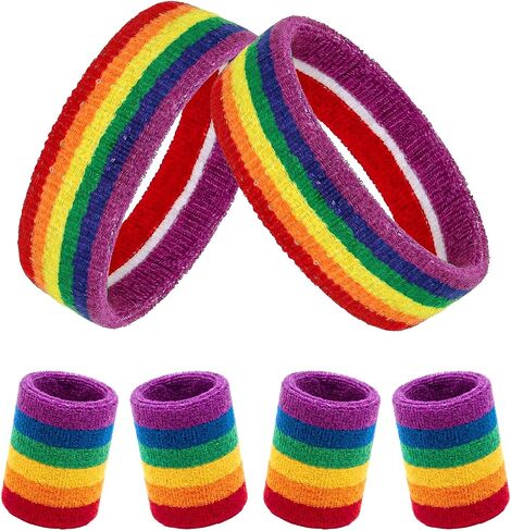 6 Pcs Sweatbands Set 80s 90s Sports Headband Striped Sweat Band Wristband Set for Men Women Sports Tennis Gym in Kuwait