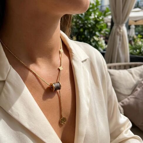 Gold Necklace with Mono gram Barrel Pendant, Lariat Y-Necklace with Star Charms and Flower Disc, 18K Gold Plated Stainless Steel Chain, Women's Jewelry Gift in Saudi Arabia