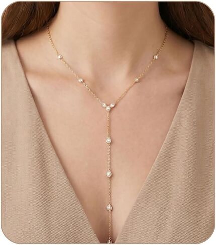 Gold Lariat Necklace - Waterproof Long Necklace for Women - Dainty 14K Gold Plated Drop Chain with Cubic Zirconia - Stainless Steel Prom Y Necklace Jewelry Gift in Saudi Arabia