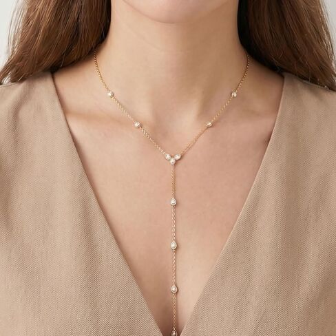 Gold Lariat Necklace - Waterproof Long Necklace for Women - Dainty 14K Gold Plated Drop Chain with Cubic Zirconia - Stainless Steel Prom Y Necklace Jewelry Gift in Saudi Arabia