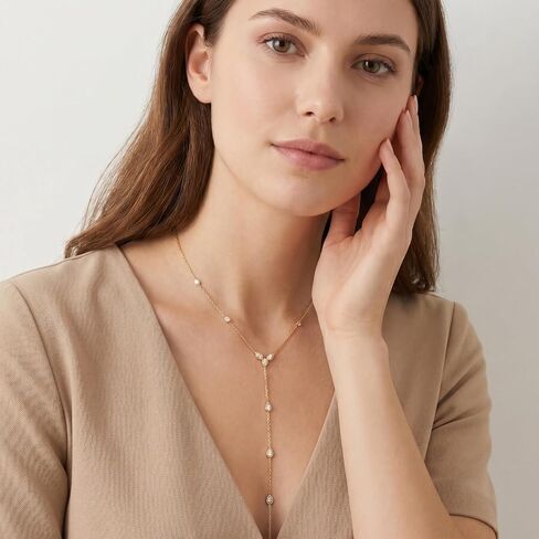 Gold Lariat Necklace - Waterproof Long Necklace for Women - Dainty 14K Gold Plated Drop Chain with Cubic Zirconia - Stainless Steel Prom Y Necklace Jewelry Gift in Saudi Arabia